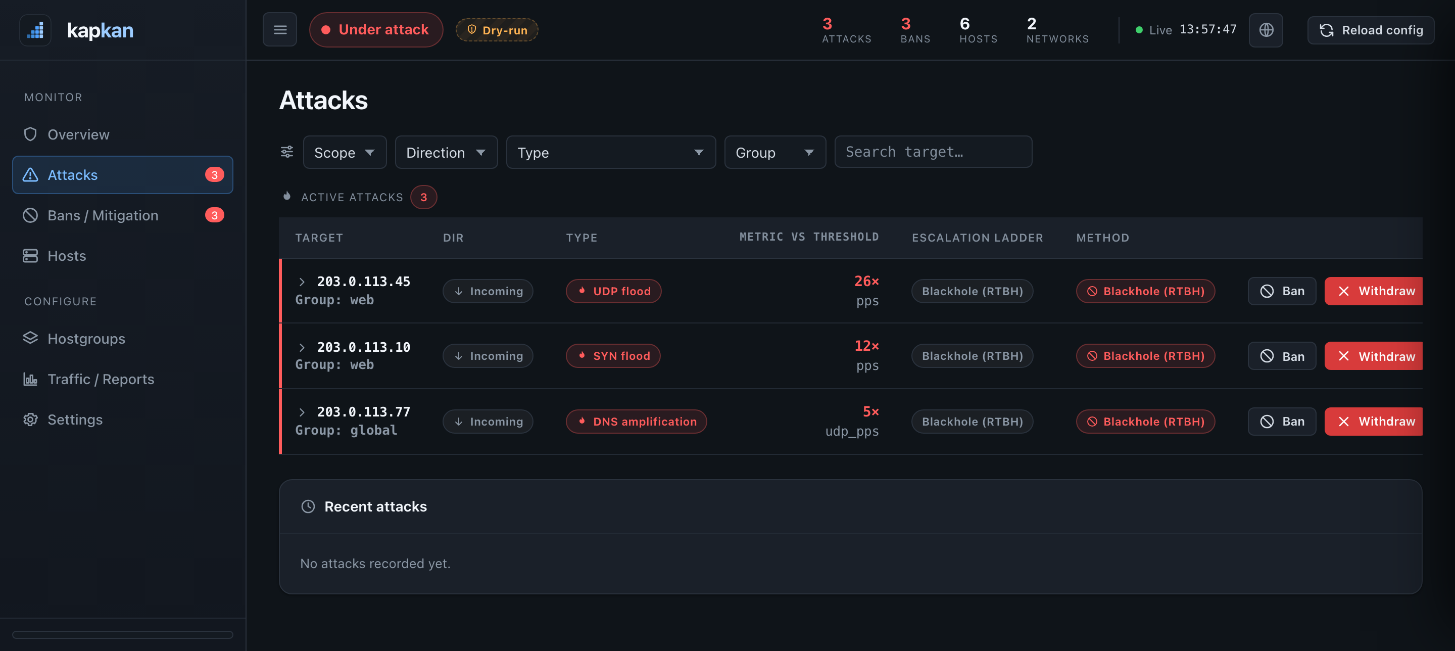 Kapkan operator console — Attacks view