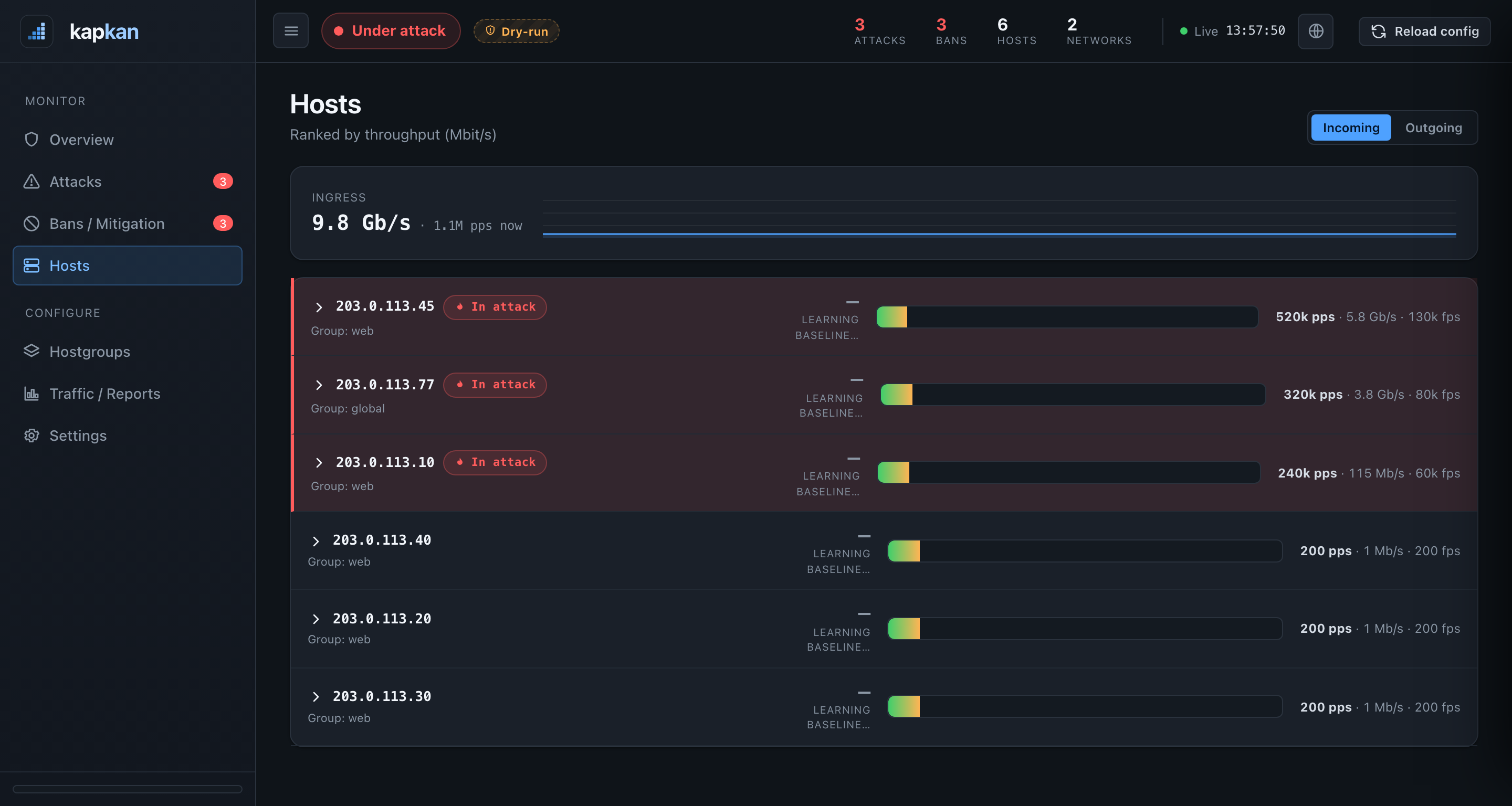 Kapkan operator console — Hosts view