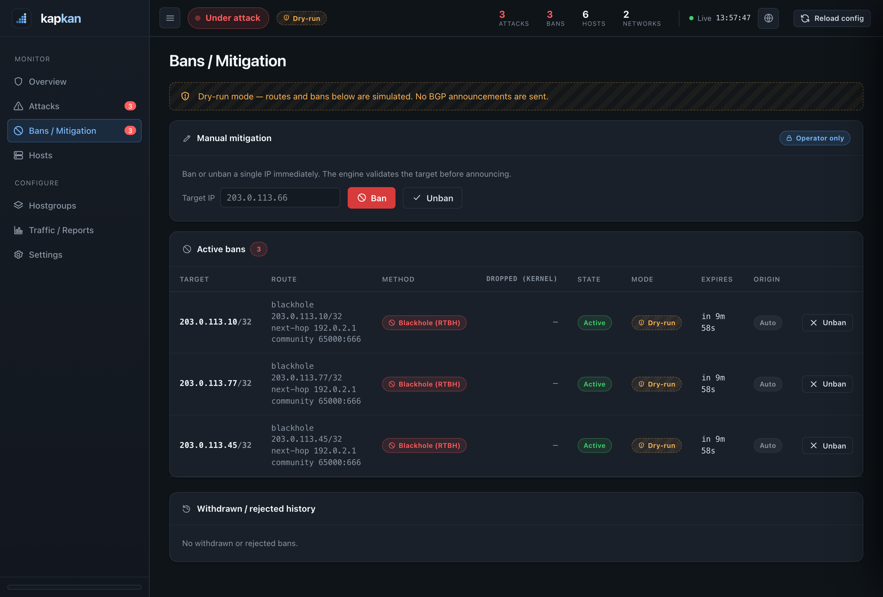 Kapkan operator console — Mitigation view